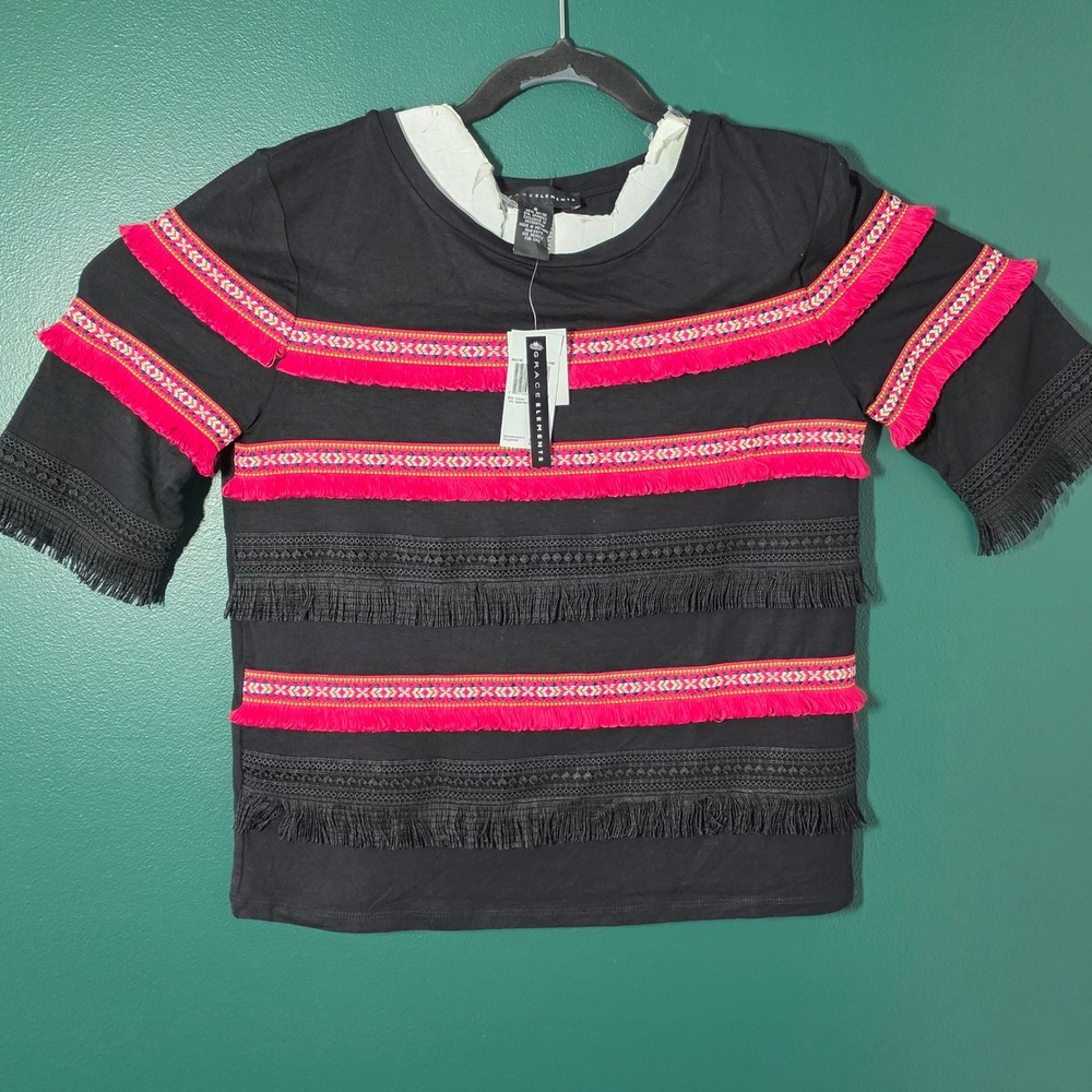 Grace Elements Womens Black Fringe Boho Top Pink Embroidered Lace S NWT